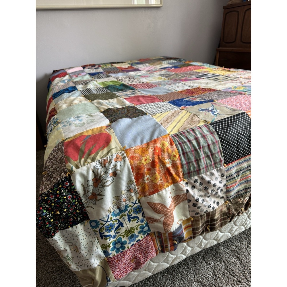 Vintage Quilt Handmade Patchwork Squares 68 X 85